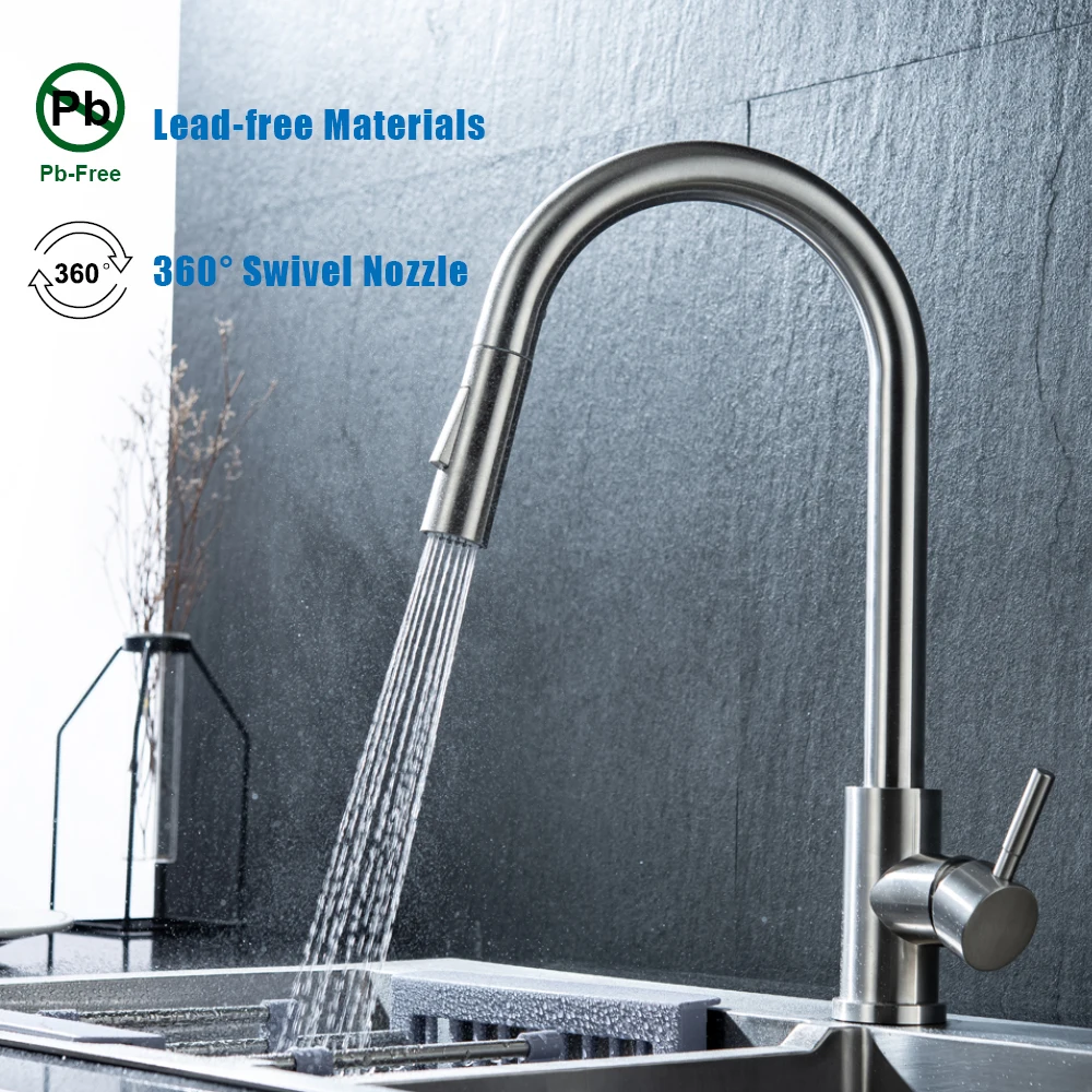 Pull Down Kitchen Sink Faucet Lead-free Stainless Steel Sink Faucet 360 Swivel High Arc Single Handle Commercial Kitchen Faucets