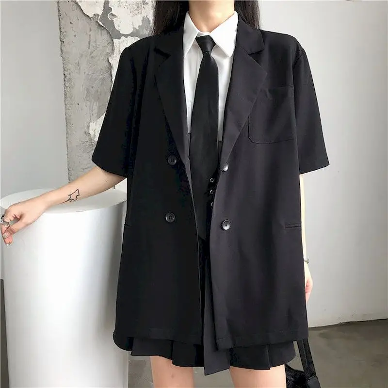 

Women's Black Suit Summer Thin Section 2023 New Korean Version Loose Double-breasted Dark Short-sleeved Suit Jacket Female Trend