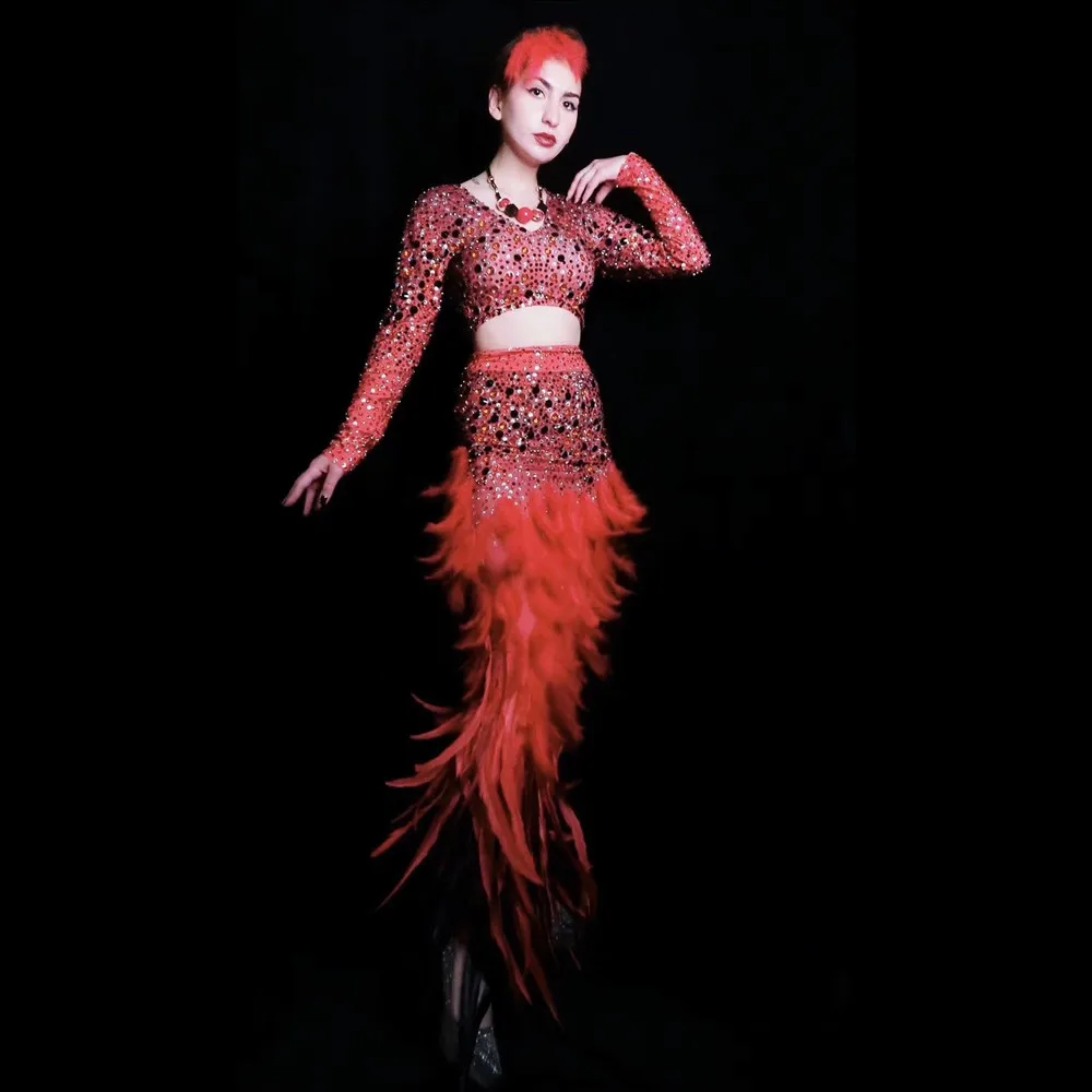 Sexy Rhinestones Feather Latin Dance Long Dress Red Crystal Evening Party Dress Set Women Slim Flamenco Singer Stage Outfit Sets