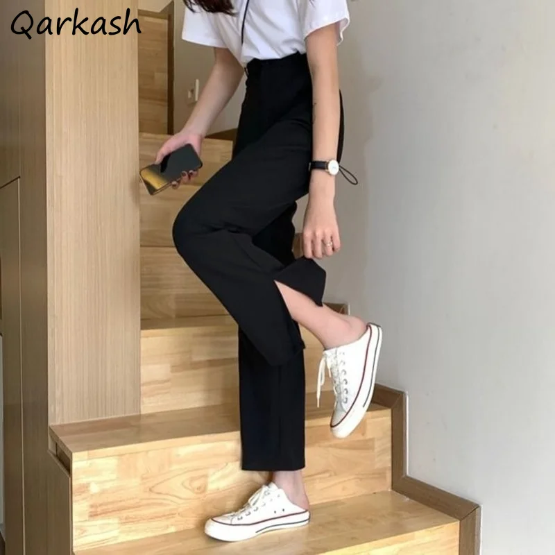 

Casual Pants Women Side-Slit Black Office Ladies All-match Straight High Waist Elegant Chic New Button Korean Style Ins Slender