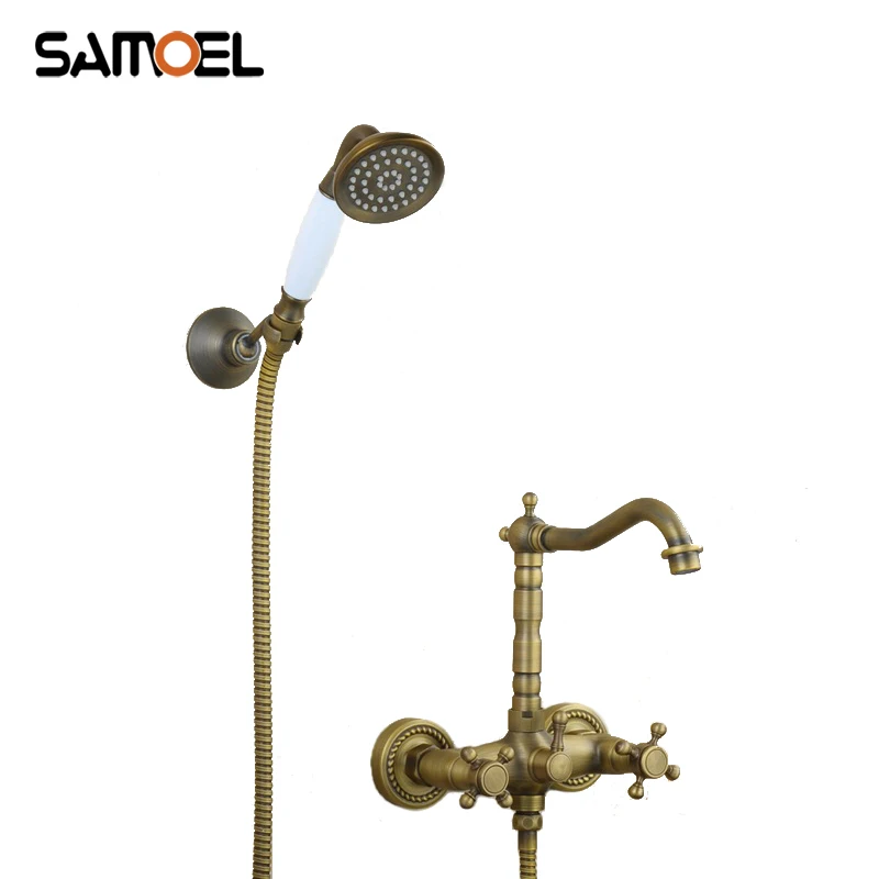 

Classic European Antique Brass Wall Mounted Bathtub Faucet Mixer Dual Handle Copper Black Rotating Shower Tap BF1027