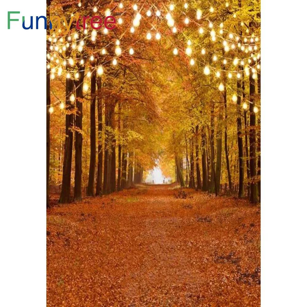 

Funnytree Autumn Blessing Forests Backdrop Gold Lights Banner Path Falling Leaves Photo Studio Photography Props Background