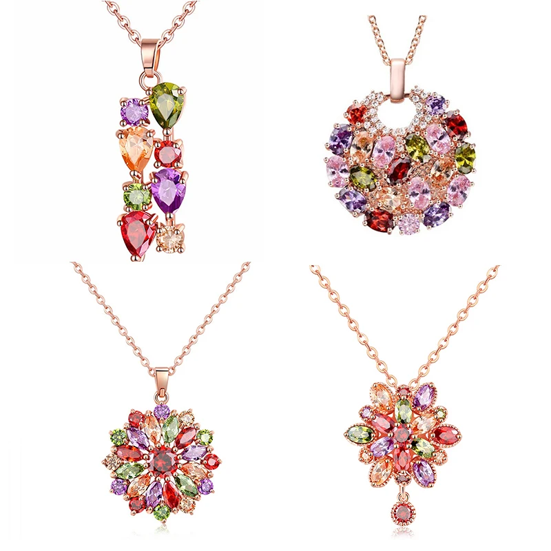 Women\'s Classic Shiny Colorful Zircon Pendant Necklaces Multicolor Flower Rose Gold Charming Necklace Pendants Jewelry Best Gift