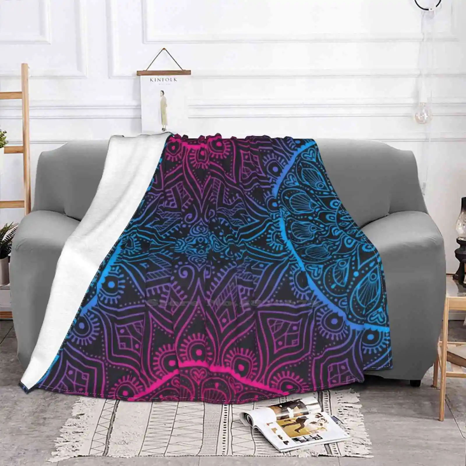 Luxury Mandala Super Warm Soft Blankets Throw On Sofa/Bed/Travel Mandala Pattern Pink Blue Vibrant Gradient Continuous Tribal