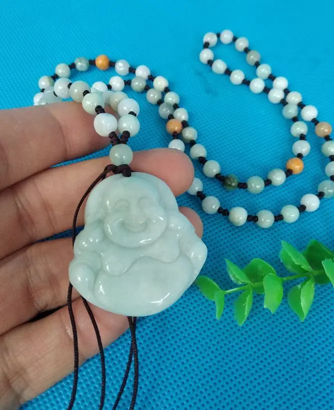 Bless you Amulet Nature jadeite Happy Buddha Pendant Carven Jade Mala bead Necklace