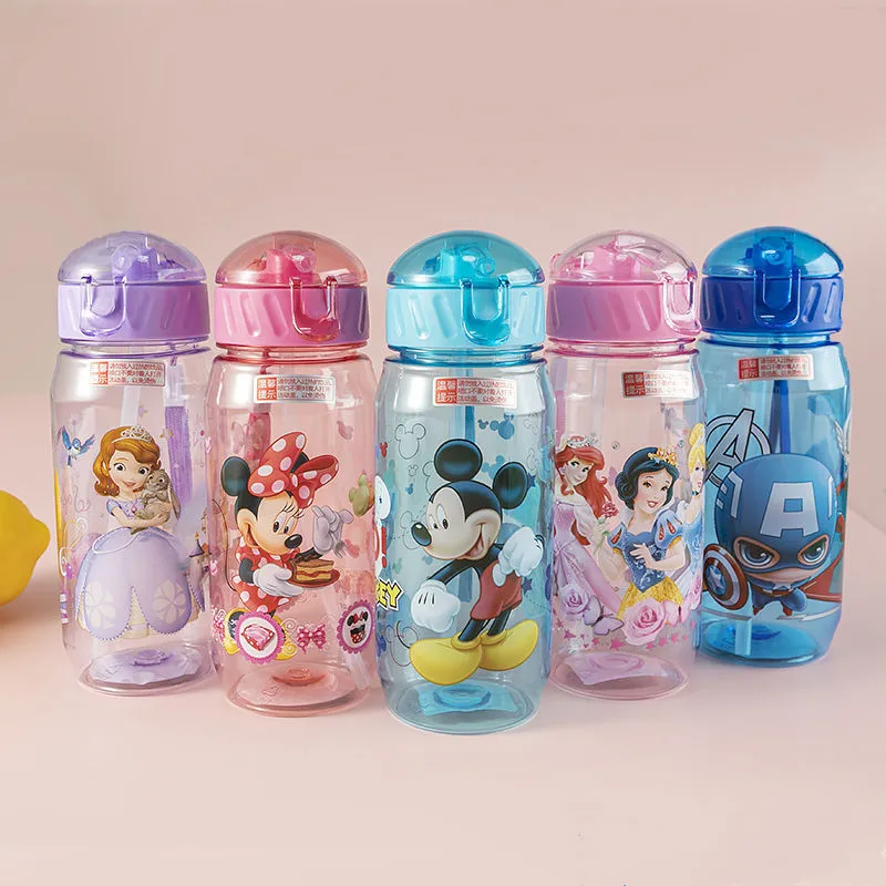 1PCS DISNEY Mickey water bottle MARVEL Baby Feeding cup with straw children\'s plastic cup student outdoor Drinking bottle gift