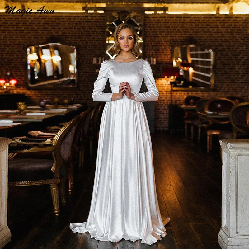 Magic Awn Long Sleeves Satin Wedding Dresses Scoop Lace Up Back Vintage Simple Mariage Gowns A-Line Cheap Customized Vestidos