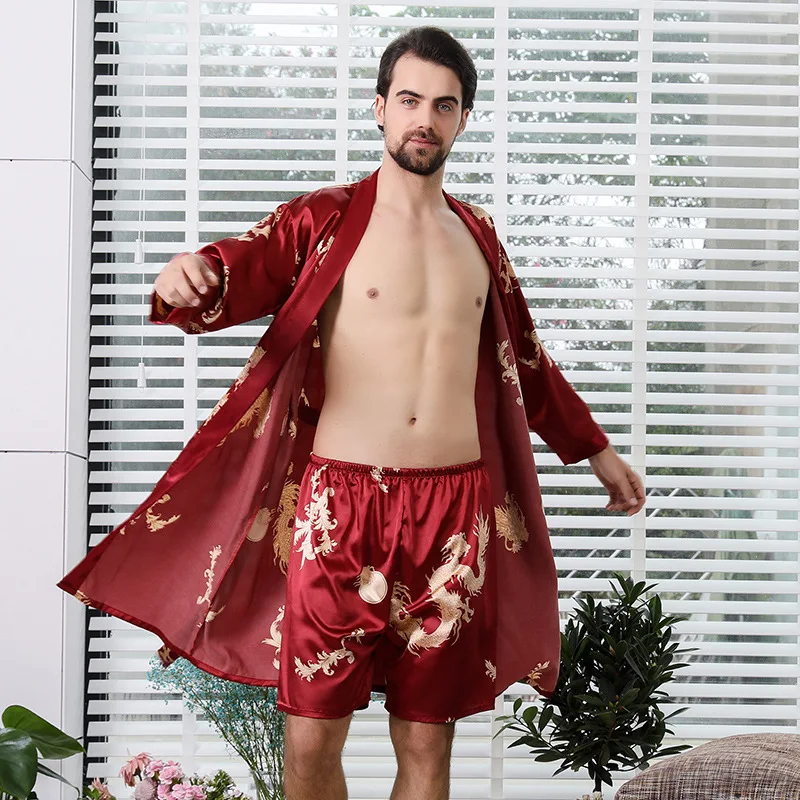 Verão novo casal de seda cetim robe terno feminino manga longa roupão homewear masculino solto casual pijamas