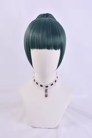 Maki Zenin Cosplay Wig Dark Green Ponytail Heat Resistant Synthetic Hair Anime Cosplay Wigs + Wig Cap