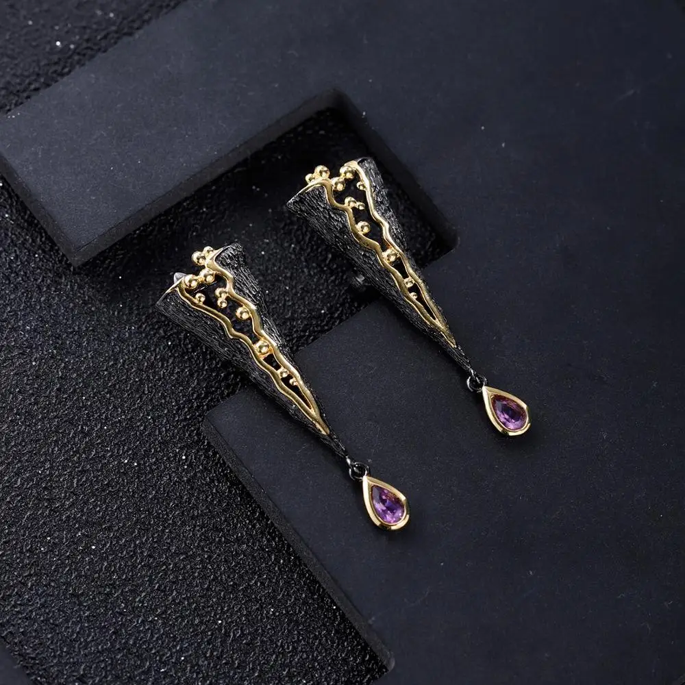GEM\'S BALLET 925 Sterling Silver Handmade Golden Bead Honey Raindrop Triangle Natural Amethyst woman’s statement Earrings Jewelr