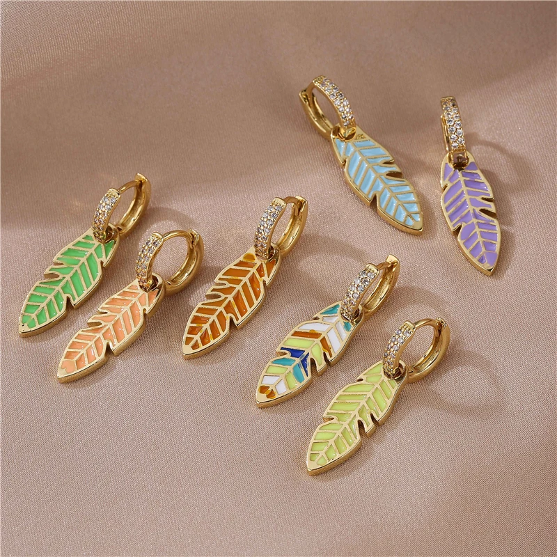 HECHENG, 1 Pair, fallen leaves small hoop earrings creative enamel drop earrings for women fashion jewelry wholesale