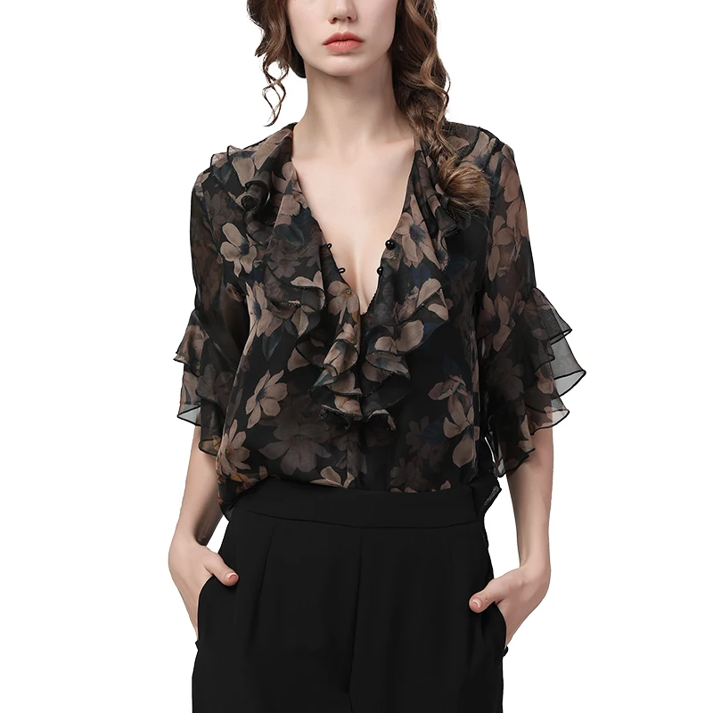 Fashion Floral Chiffon Blouse Women Summer Tops Butterfly Short Sleeve V-Neck Loose Plus Size Ladies Casual Blouses And Tops