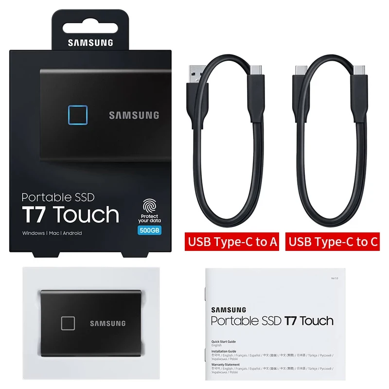Samsung-T7 Touch SSD Portátil, 500GB, USB 3.2, 1TB, 2TB, Reconhecimento de Impressões Digitais, Desbloqueio, Interface Tipo-C, Unidade de Estado Sólido Externo