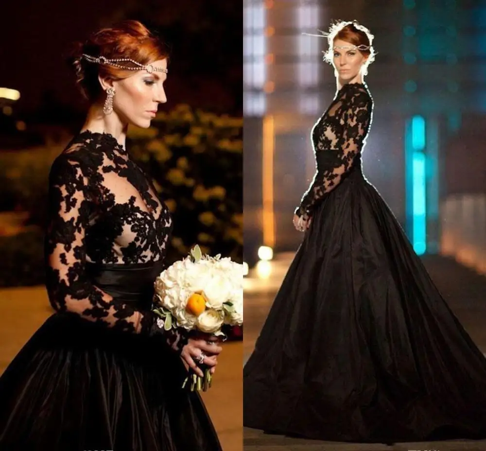 2023 New Custom Made Black Vintage Gothic Style Prom Dresses Long Sleeve High Neck Lace Taffeta A-Line Evening Formal Gowns