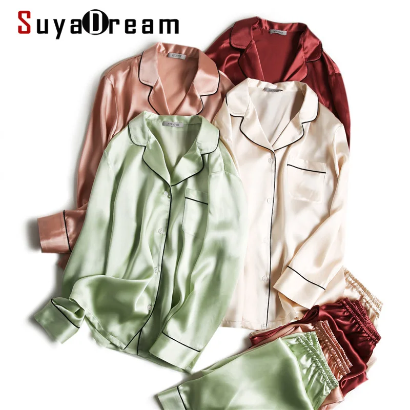 SuyaDream damskie jedwabne piżamy Solid 100% prawdziwe jedwabne długie rękawy Sleepset Set 2020 skręcić w dół z kołnierzykiem, z nadrukiem dwuczęściowa bielizna nocna