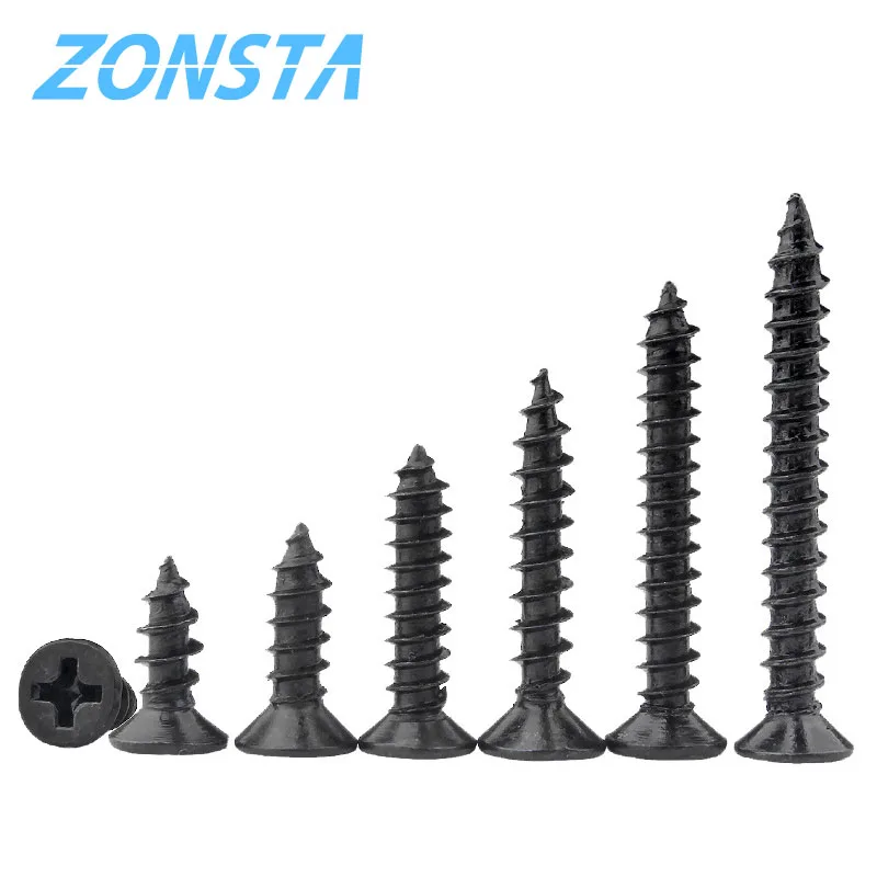 50pcs M1.2 M1.4 M1.7 M2 M2.3 M2.6 M3 M4 Black Cross countersunk head Self-tapping screw Flat Head Carbon steel Wood Screws