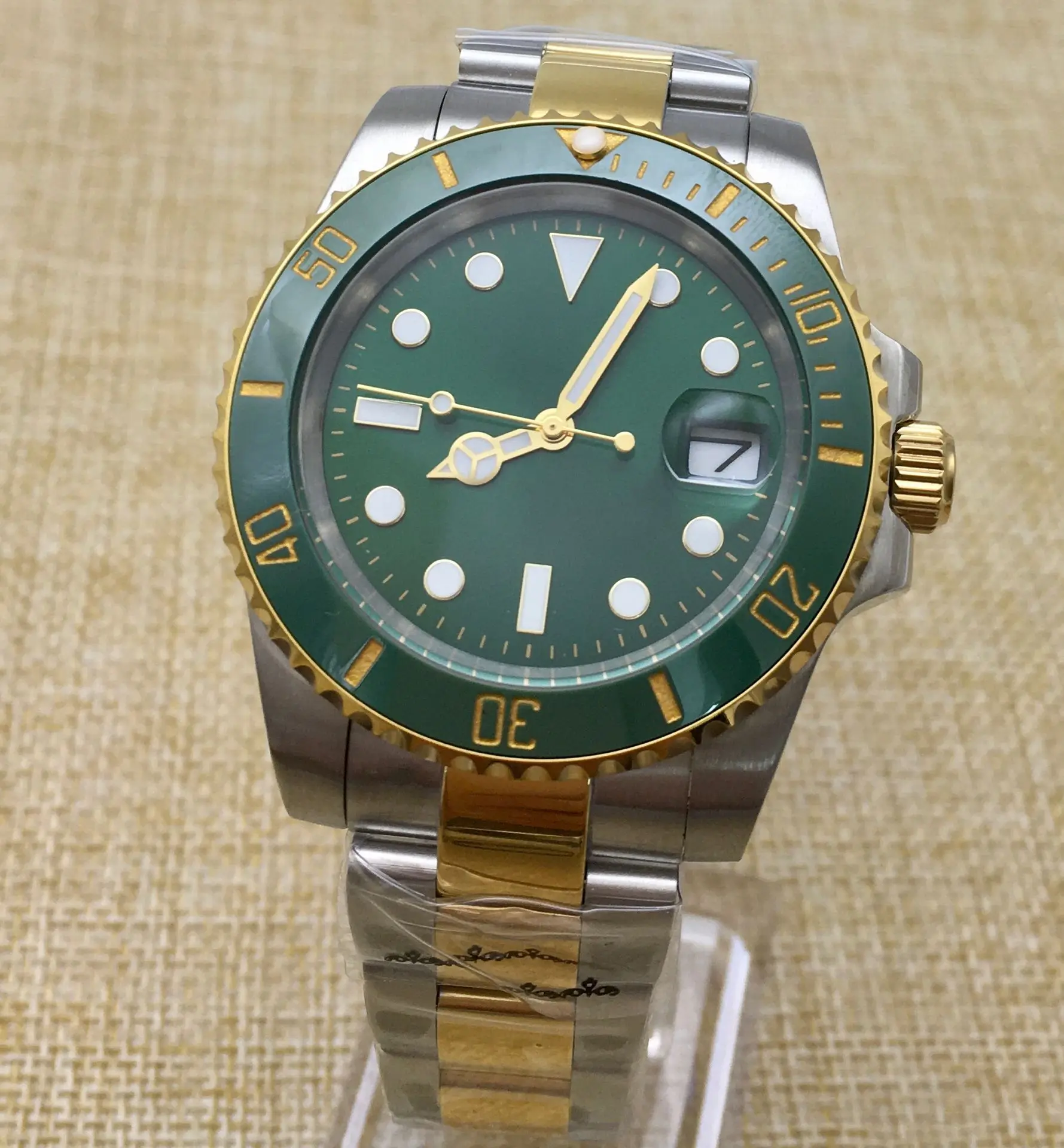 40MM Green Dial Men\'s Automatic Watch Gold Plated Case Luxury Mechanical Watch Stainless Steel Strap Luminous