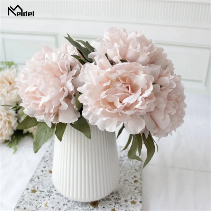 Meldel ผ้าไหม Peony ดอกไม้ประดิษฐ์ช่อดอกไม้ผ้าไหมสีชมพู Peonies 5 หัวปลอมดอกไม้บ้านงานแต่งงานตกแต่งคริสต์มาส