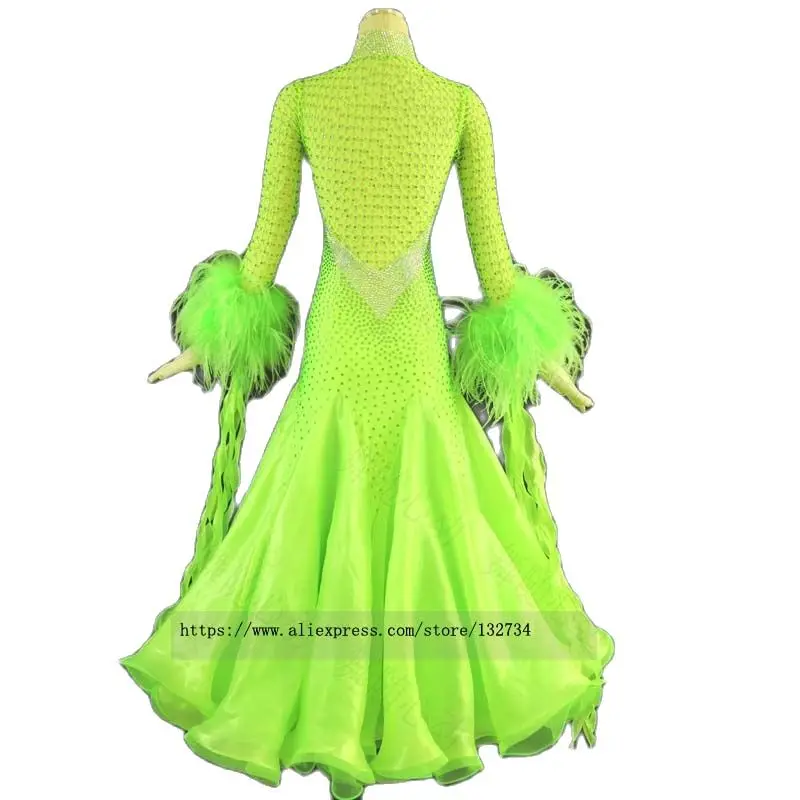 Roupas de baile de penas verdes, vestidos de dança de salão padrão, vestido de chamamento de valsa, fantasias de dança