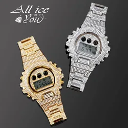 ALLICEONYOU New Fashion Digital Movt Watch Iced Out Micro Pave Cubic Zirconia Watch Hip Hop Stainless Steel Jewelry For Gift