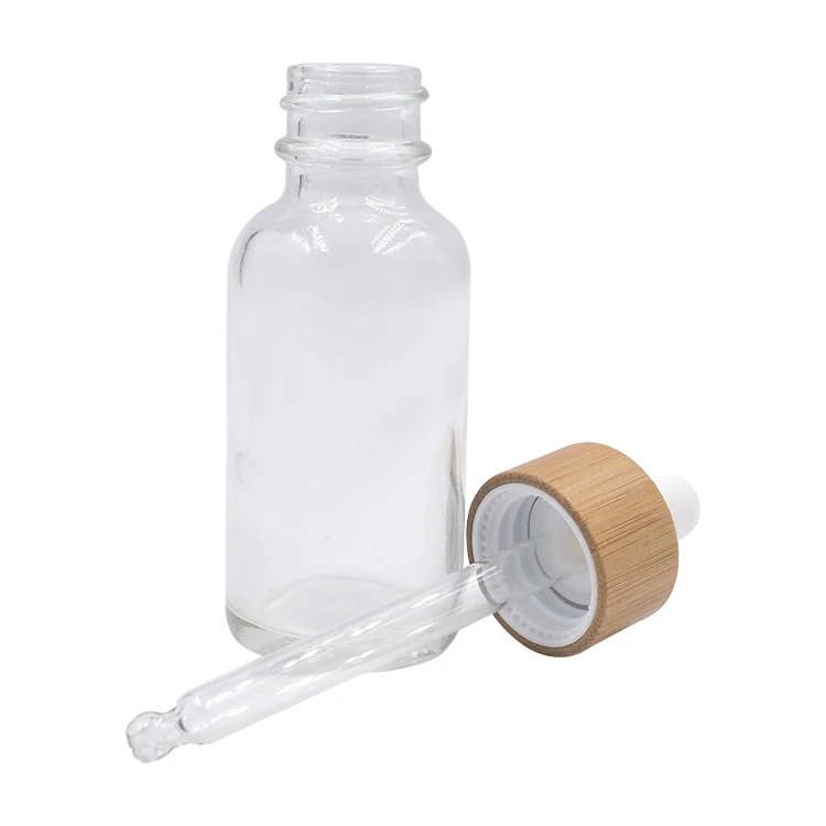 Beauty Essential Oil Glass Clear Bottle Bamboo Lid Dropper Containers Cosmetic Perfume Products Skin Care Packaging Bottles