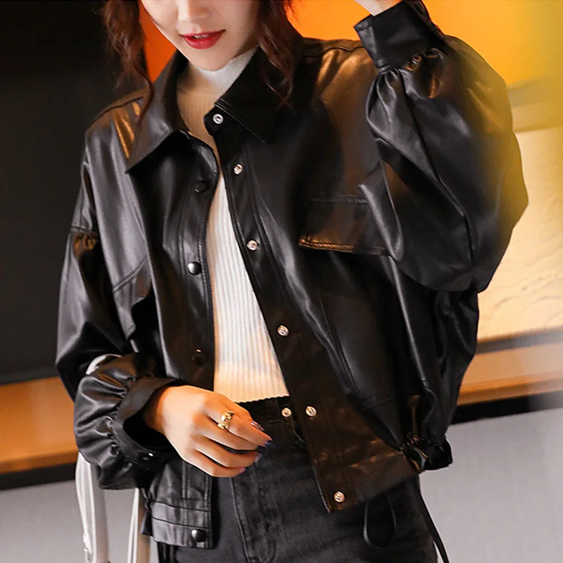 Women Black Faux PU Leather Jacket Korean Drawstring Lace Up Single-breasted Loose Big Pocket Female Spring Autumn Biker Outwear