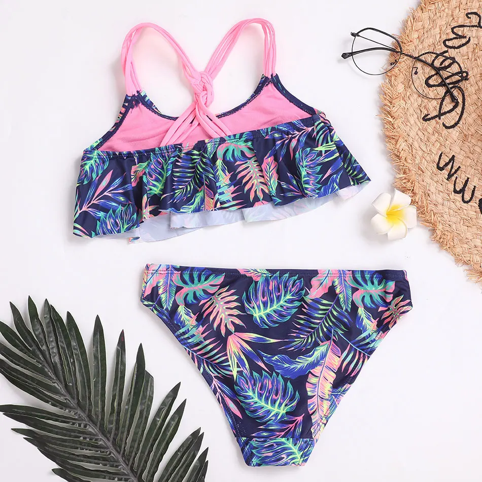 Tropical Flounce Girl Swimsuit Kids Knitted Back Two Piece Children\'s Swimwear 7-14 Years Teen Bikini Set Falbala Bathing Suits