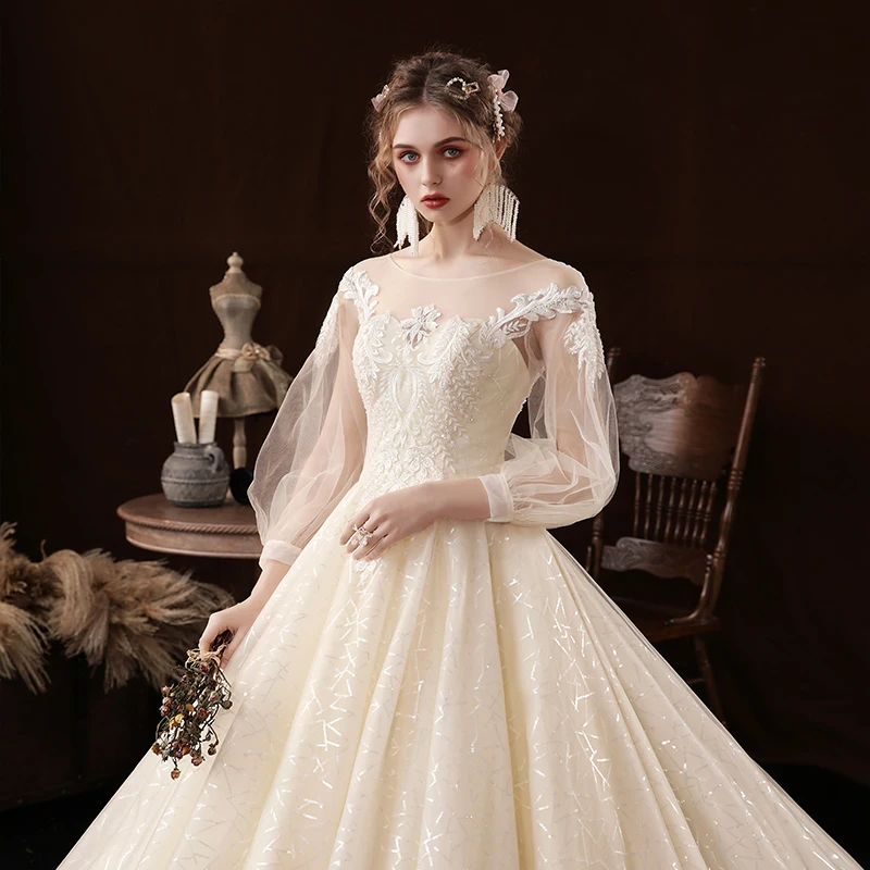 Robe de mariée à fleurs en Tulle, col rond, imprimé Floral brodé, manches bouffantes, Simple, élégante, à lacets, longues, pour femmes, B035, nouvelle collection