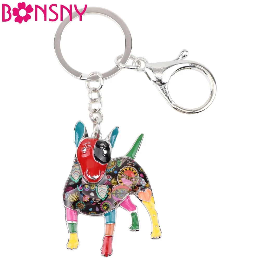 Bonsny Enamel Bull Terrier Key Chain For Women Handbag Pendant Keychain Key Ring Car Accessories 2017 New Charm Jewelry Gifts