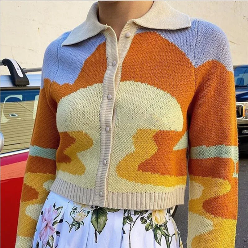 Women Spring Cardigan Vintage French Style Sunshine Print Short Knitted Sweater Fashion Single Breasted Loose Cardigans Female