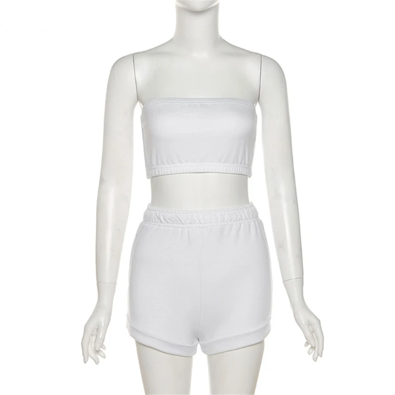 Women Summer 2 Pieces Romper Outfits Strapless Bandeau Tube Crop Top Drawstring Waist Shorts Set Solid Color Tracksuit