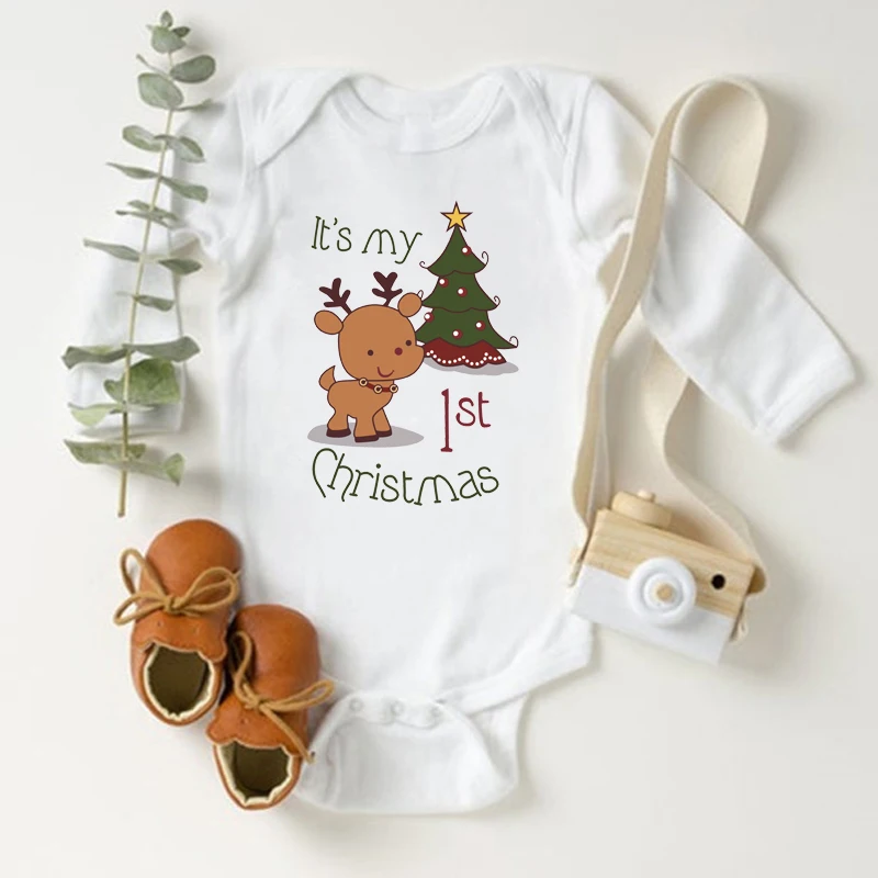 It\'s My First Christmas Newborn Baby Bodysuit Long Sleeve Cotton Body Baby Boy Onesie Cute Baby Girl Christmas Romper Clothes