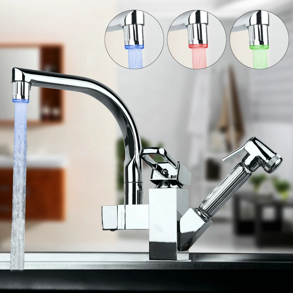 KEMAIDI Good Quality Concise Style Kitchen LED Light Mixer Single Holder Kitchen Faucet Polished Chromed Pull Out  Mixers Tap