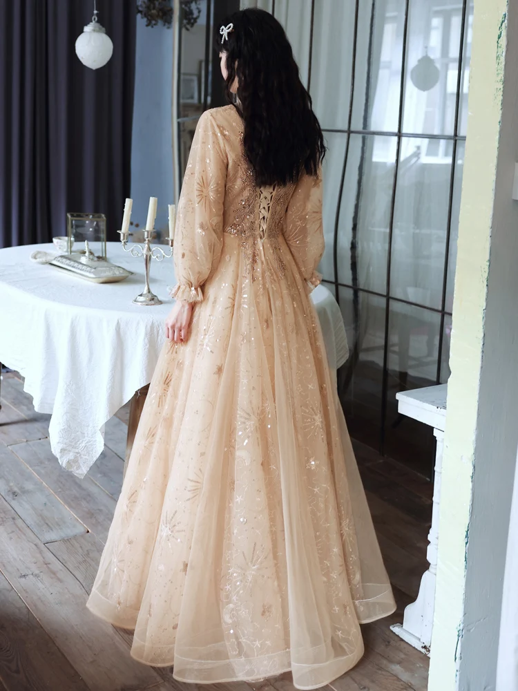 Modest Evening Dresses With Long Sleeves Luxury Appliquies Sequin Tulle Women Dresses Evening 2021