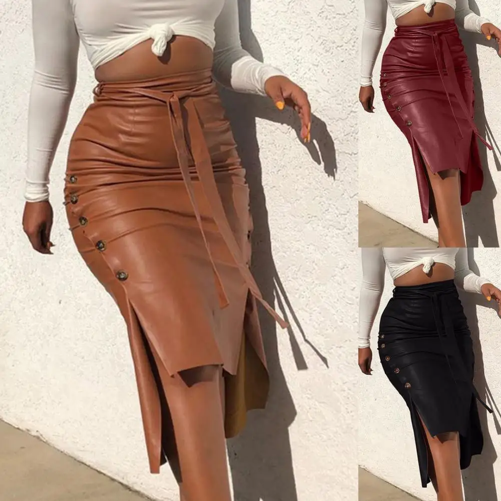 Trendy Women PU Leather Midi Skirt Solid Color High Waist Lace-up Side Button Slim Skinny Pencil Skirt for Ladies Streetwear