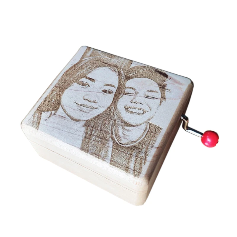 Angelagifts-Handmade Natural Wood Music Box, Customized Photo, Engraved Hand Crank, Birthday Gift, Wedding, Christmas