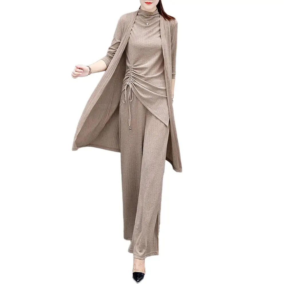 3Pcs/Set Casual Women Suit Solid Color Knit Side Bandage Tanks Top Pants Long Sleeve Cardigan Office Lady Suit Pant Sets