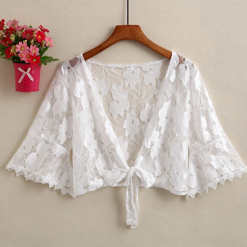 Sexy Floral Bikini Swimsuit Cover Up Summer Lady Beach Cover Up Strap Skirt Shawl Sun-Proof Cardigan Jacket Thin Lace Crop Top