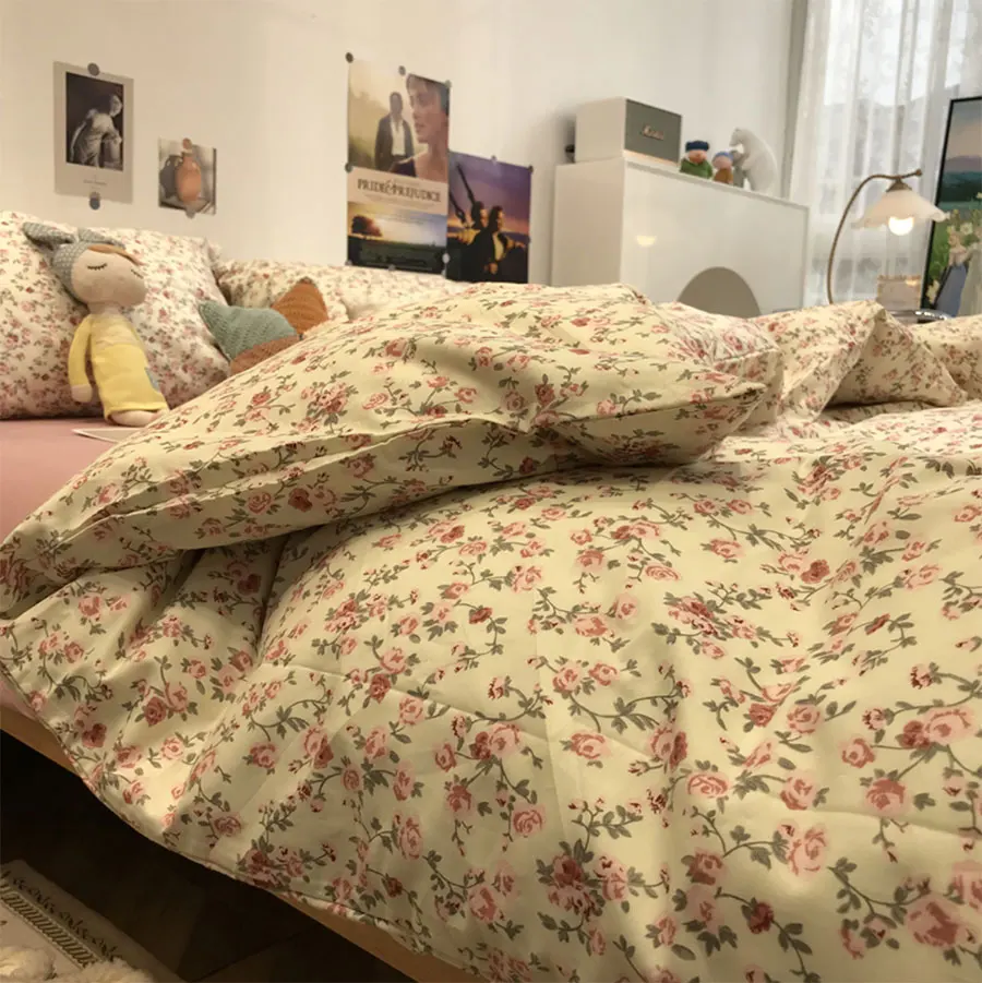 

Pastoral pink flower bedding set girl,romantic elegant cotton twin full queen home textile bed sheet pillow case quilt cover