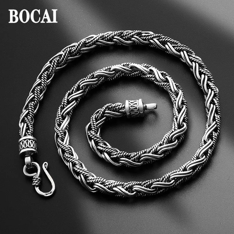 

BOCAI 7MM Trendy 100% S925 Silver Jewelry Personalized Hand-Woven Thick Hemp Rope Popular Men’s Necklace