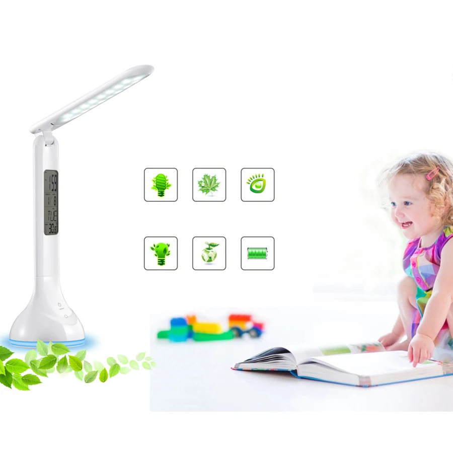 Foldable Dimmable Led Desk Lamp Table Light with Calendar Temperature Alarm Clock Atmosphere Colors Changing Book Lighting