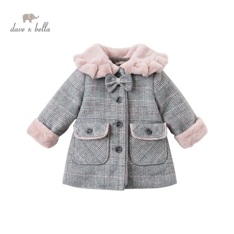 DB14567 dave bella winter baby girls fashion removable bow plaid padded coat children tops infant toddler outerwear