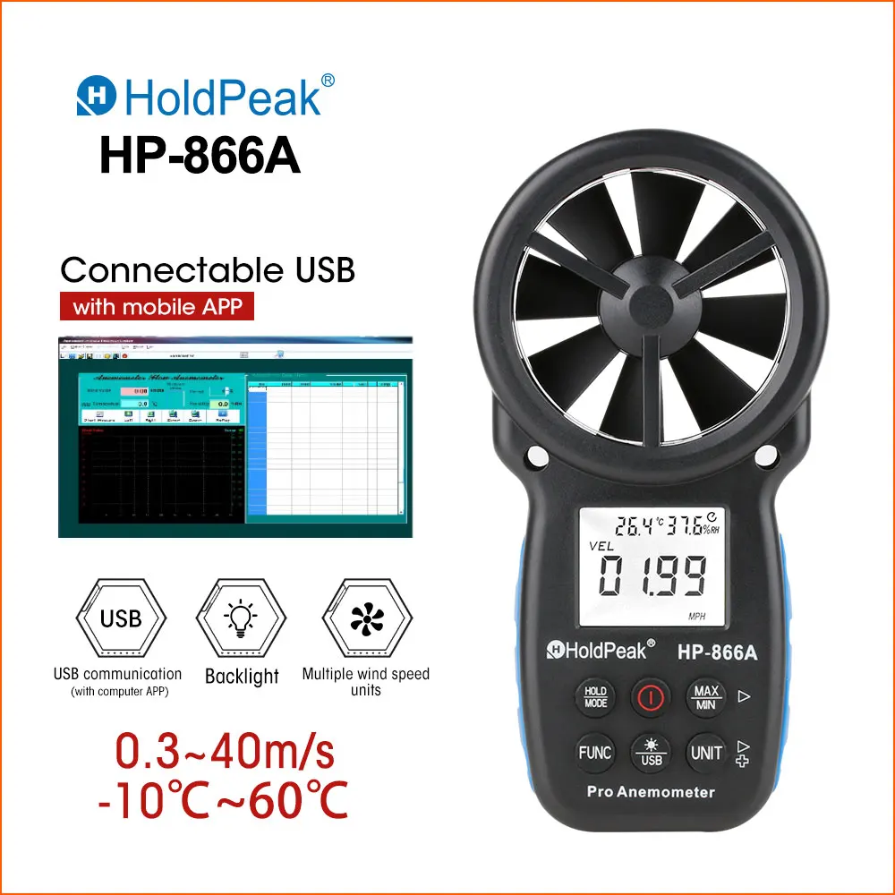 HoldPeak LCD Digital Anemometer Thermometer Wind Speed  Measurement Air Velocity Wind Sensor Handheld Anemometer