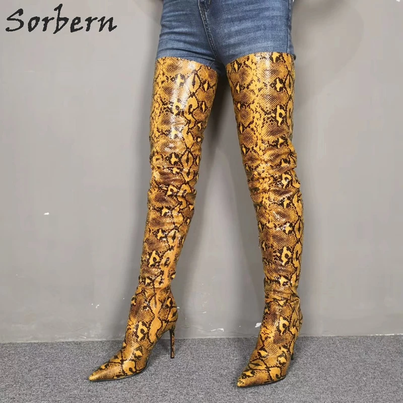 Sorbern Python Thigh High Women Boots Pointy Toes Long Lady Boot Stilettos High Heel Custom Slim Legs Wide Calf Shaft Length