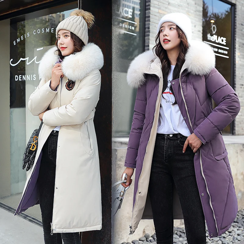 Winter Fashion Hooded Big Fur Collar Padded Long Parkas Down Cotton Warm Coat Waterproof Windbreaker Jacket Wear On Both Sides