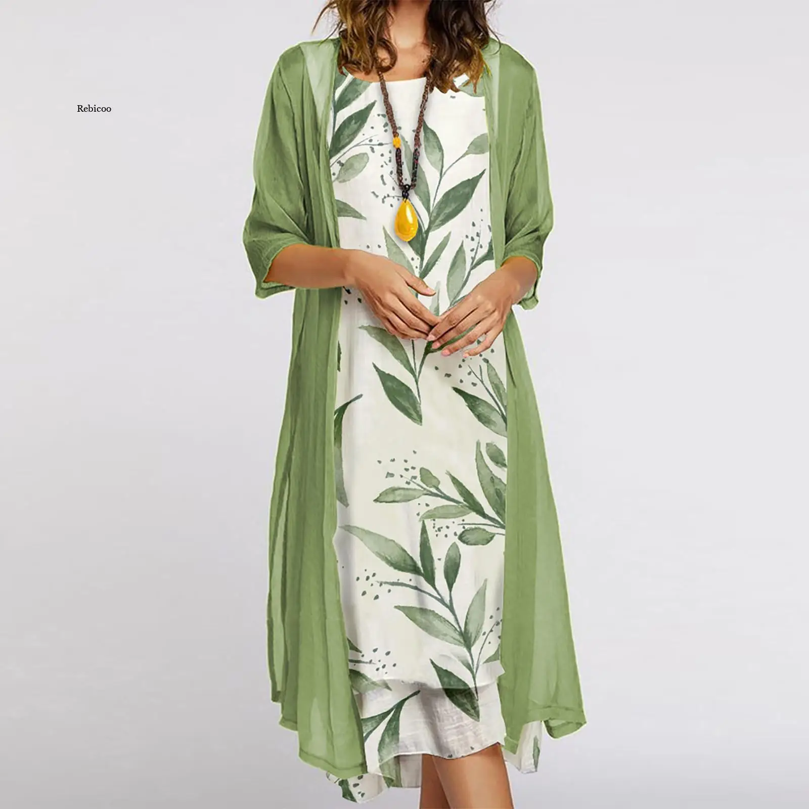 Autumn Ladies Dress Casual Slim Printed Sleeveless Round Neck Dress Plus Solid Color Chiffon Cardigan Two-piece Suit