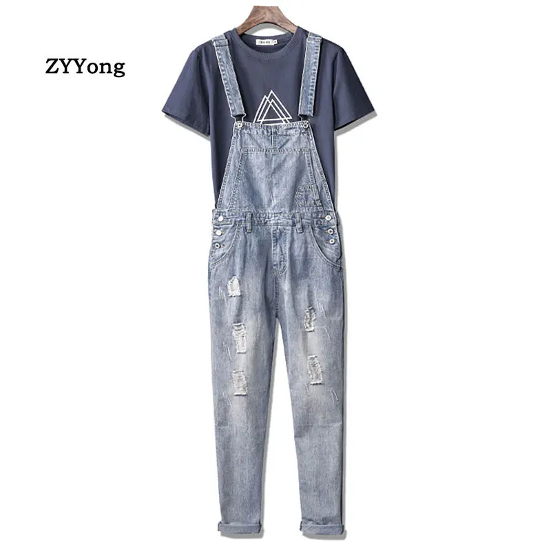 Men Ripped Jeans Bib Overalls Loose Plus Size Streetwear Hip Hop Hole Denim Jumpsuits Trousers Leisure Tattered Freight Pants