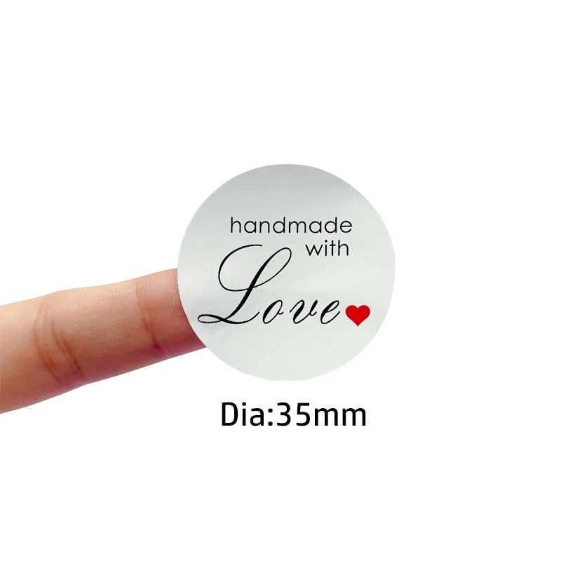 100Pcs 3.5CM Handmade with Love Red Hearts Decorative Stickers Waterproof Round Plain Silver DIY Labels