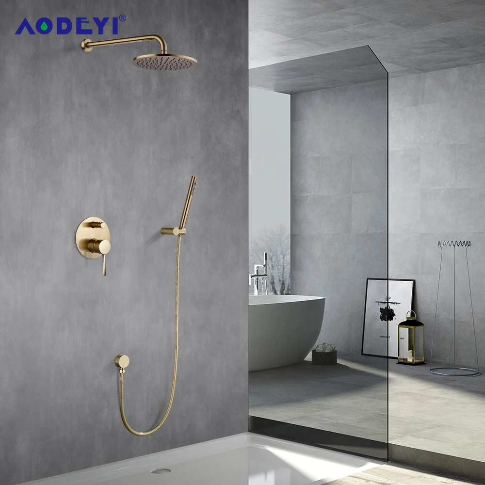 Juego de ducha de baño de latón macizo dorado cepillado, cabezal de riancaída, grifo de baño montado en la pared, brazo mezclador de techo, Panel de