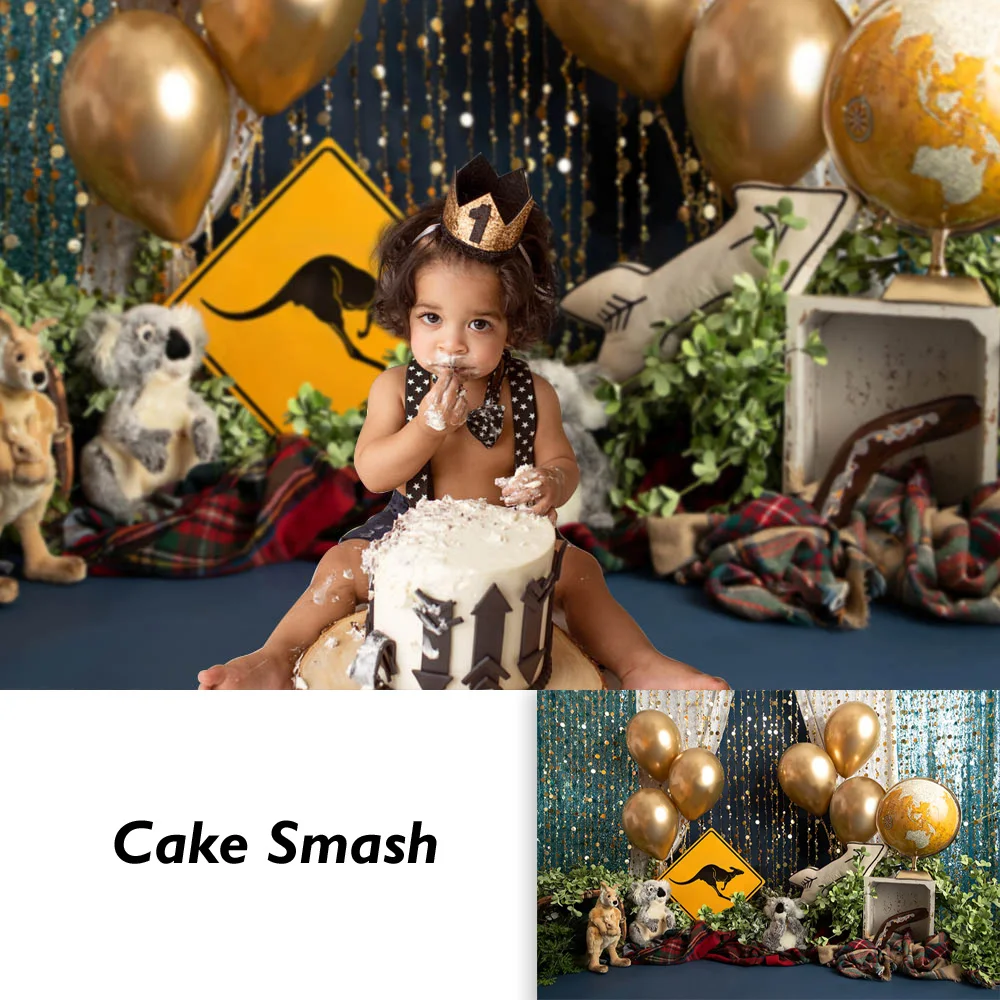 

Australian Adventure 1st Birthday Cake Smash Photography Backdrop Koala kangaroo Newborn Kids Birthday Gold Balloons Globe Props